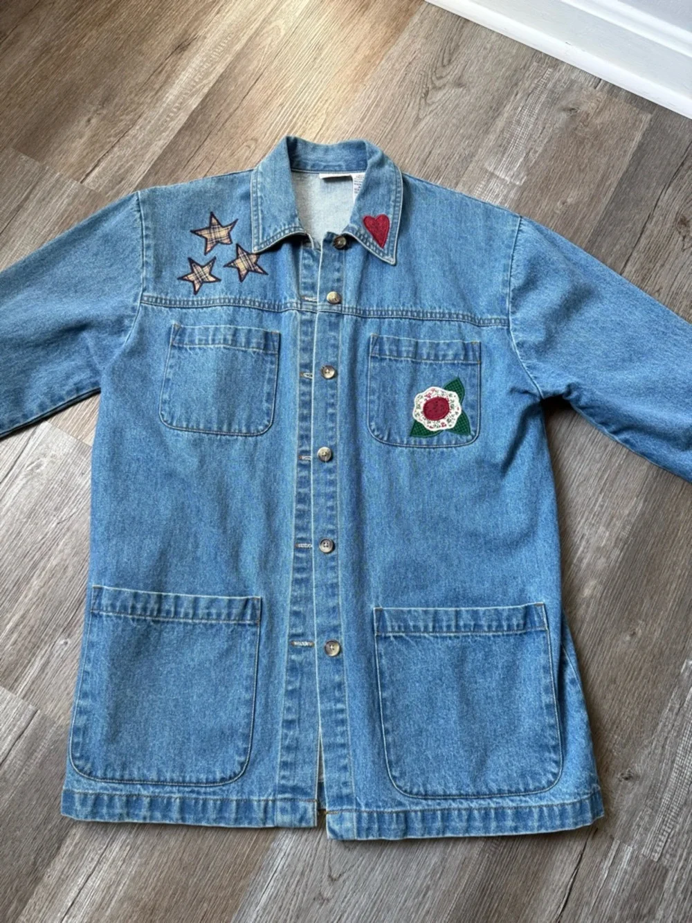 VTG CABIN CREEK Embroidered Denim Button Down Bird Retro Funky Multi Color M - Picture 3 of 6